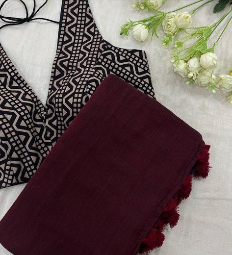 Maroon Saree With Black Dune Ajrakh Blouse Combo Set. Maroon Mulmul Cotton Saree Fabric : Mulmul Cotton 100s Count. Weave : Hand-loom. Length : 5.45 mtr. Black Dune Ajrakh Cotton Sleeveless Blouse -Hand Block Printed. -Natural Cotton Fabric. -Back Hooks. -Padded. Ajrakh Blouse, Cotton Sleeveless Blouse, Women Photoshoot, Maroon Saree, Dress Book, Black Saree, Stylish Dress Book, Saree Fabric, Fashion Attire