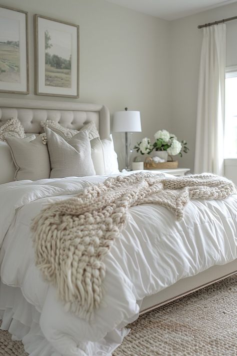 29 White Bedroom Ideas for a Fresh and Elegant Space - My Elegant Home Cozy White Bedroom, Off White Bedrooms, White Bedroom Cozy, Cream And White Bedroom, White Bedroom Ideas, All White Bedroom, Restful Bedrooms, Sophisticated Bedroom, Bedroom Ambiance