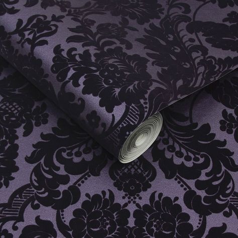 Gothic Damask Plum Wallpaper | Purple Wallpaper | Graham & Brown Plum Wallpaper, Gothic Decor Bedroom, Flock Wallpaper, Purple Gothic, Gothic Bedroom, Purple Bedroom, Gothic Wallpaper, Dark Home Decor, Goth Home