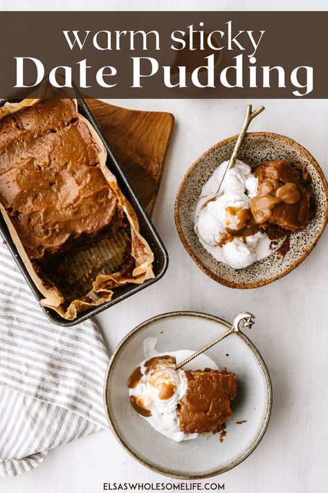 Healthy Date Pudding, Vegan Sticky Date Pudding, Paleo Sticky Date Pudding, Healthy Sticky Date Pudding, Dates Pudding Recipe, Healthy Sticky Toffee Pudding, Date Night Baking Ideas, Vegan Date Night Recipes, Vegan Party Snacks