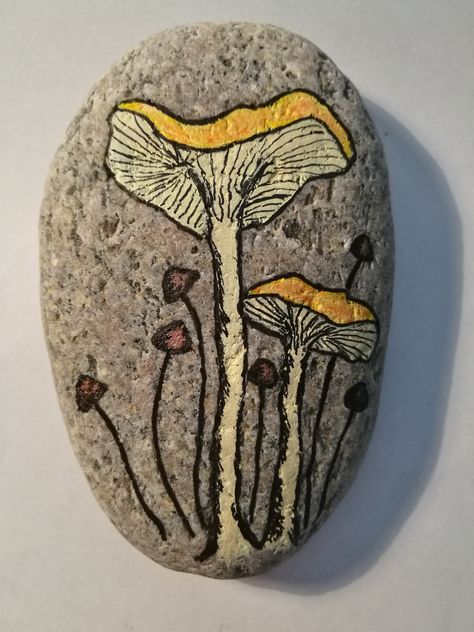 Painted rock mushroom Mushroom Pebble Art, Mushroom Rock Art, Mushrooms Painted On Rocks, Rock Painting Mushrooms, Painted Rocks Mushrooms, Mushroom Rock Painting Ideas, Mushroom Painted Rocks, Mushroom Rock Painting, Mushroom Painting Easy