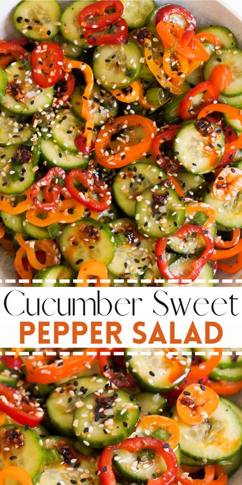 This Cucumber Sweet Pepper Salad is a viral TikTok sensation for good reason! Made with fresh cucumbers, sweet mini peppers, bagel seasoning, chili crunch, and ginger dressing … this crunchy, colorful salad is ready in 5 minutes. It is perfectly sweet, savory, and spicy! Enjoy this refreshing raw veggie dish as a side or a snack! Cucumber Banana Pepper Salad, Sweet Peppers Appetizer, Viral Sweet Pepper And Cucumber Salad, Viral Pepper And Cucumber Salad, Cucumber Crunch Salad, Peppers And Cucumber Salad, Low Calorie Veggie Sides, Sweet Pepper Cucumber Salad, Chili Crunch Cucumber Salad