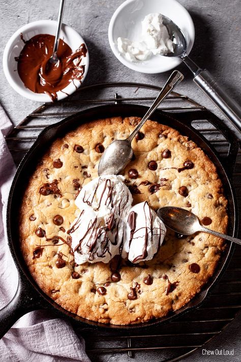 Skillet Chocolate Chip Cookie | Chew Out Loud Cake Mix Cookie Bars, Hot Chocolate Fudge, Skillet Chocolate Chip Cookie, Honey Cornbread, Chocolate Chip Cookie Cake, Skillet Cookie, Perfect Chocolate Chip Cookies, Fudge Sauce, Baking With Kids