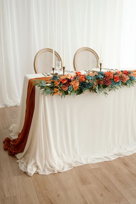 Arch Floral Arrangements, Diy Wedding Arch Flowers, Head Table Flowers, Burnt Orange Bridal Bouquet, Bridal Table Flowers, Wedding Arch Floral, Head Table Wedding Decorations, Wedding Head Table, Reception Table Centerpieces