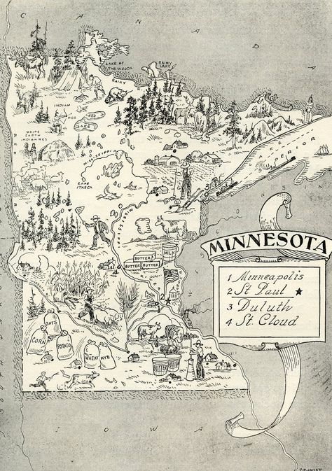 Minnesota, Goody Palmer Minnesota Art, Minnesota History, Minnesota Life, Cartoon Map, Map Sketch, Minnesota Nice, Wow Photo, Vintage Minnesota, Minnesota Home