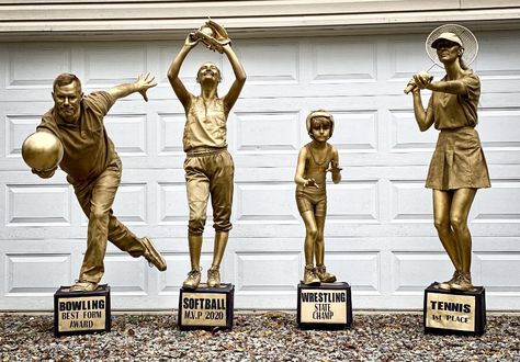 Sport Trophy costume diy Olympian Costume Ideas, Sports Trophy Costume, Baseball Trophy Costume, Trophy Costume Halloween, Crazy Sports Fan Costume, Gold Statue Costume, Halloween Costume Trophies, Trophy Costume, Book Week Characters