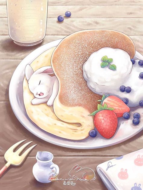 Breakfast Wallpaper, Cute Bunny Illustration, Bunny Rabbit Art, Chibi Food, Food Art Photography, Anime Theme, Bunny Painting, Bunny Drawing