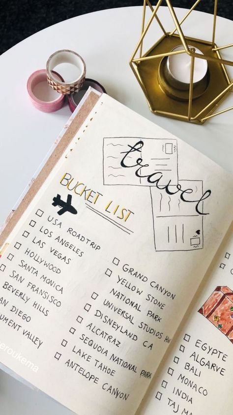 Travel List Journal, Travel Bucket List Scrapbook, Travel Bucketlist Journal, Travel List Journal Ideas, Places To Travel Bucket Lists Journal, Travel Journal Bucket List, Diy Bucket List Journal, Scrapbook Bucket List Page, Bucketlist Scrapbook Ideas