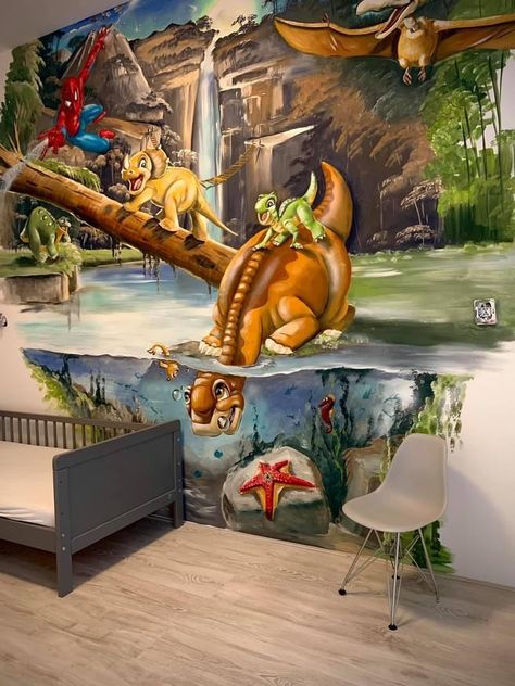 Baby Nursery Murals, Wicked Wallpaper, Dinosaur Mural, Disney Wall Murals, Disney Mural, Outdoor Painting, Creative Kids Rooms, Kids Bedroom Art, Baby Room Themes