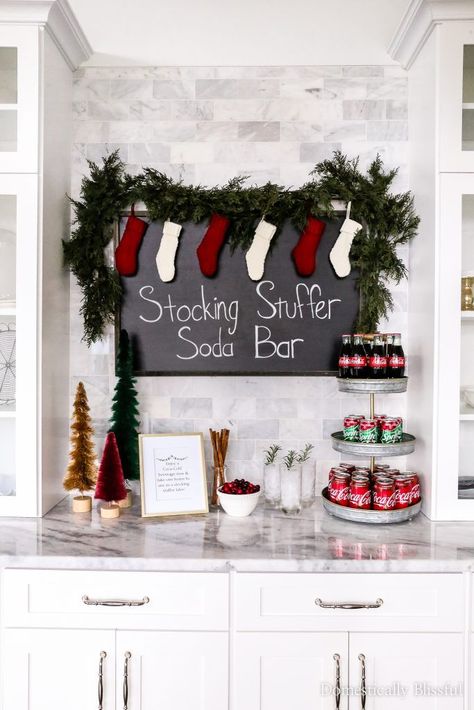 #ad: How to create a Stocking Stuffer Soda Bar this holiday season with festive flavors like cinnamon and winter spiced cranberry. #JoinTheFizztivities #CollectiveBias | Holiday party decorations for a wrapping party. | Family friendly drink bar for holiday parties. | I loved that the Coca-Cola® Cinnamon, Sprite® Winter Spiced Cranberry, and Coca-Cola® Glass Bottles all fit perfectly in this color scheme, so I went with it for the whole soda bar! | Soda Bar, Bar Displays, Festive Drinks, Wrapping Party, Salt Dough, Holiday Party Decorations, Cozy Christmas, Christmas Inspiration, Stocking Stuffer