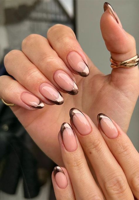 Bronze Nails Designs, Chrome Tip Nails, Bronze Nails, Bridesmaids Nails, Chrome Nail Art, Milky Nails, Chrome Nails Designs, November Nails, Chrome Nail