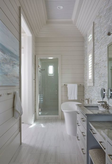 Master Bath Coastal, Summer House Bathroom, Shiplap Trim, Bath Layout, Florida 30a, Cottage Bathroom Ideas, Beach House Bathroom, Florida Beach House, 30a Beach