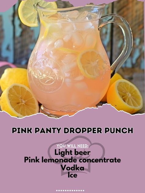 🍹 Enjoy the Pink Panty Dropper Punch! 🍹 #PinkPantyDropperPunch #PartyPunch Pink Panty Dropper Punch Ingredients: Light beer (1 can) Pink lemonade concentrate (1 can, thawed) Vodka (1 cup) Ice (as needed) Lemon slices (for garnish) Instructions: In a large pitcher, combine beer, pink lemonade concentrate, and vodka. Stir well and add ice. Garnish with lemon slices. Perfect for a fun party! 🍹✨ #RecipeInspire #PartyPunch #RefreshingDrink Pink Panty Dropper, Beer Punch, Pink Lemonade Vodka, Vodka Ice, Lemonade Concentrate, Lemon Slices, Party Punch, Pretty Drinks, Lemon Slice