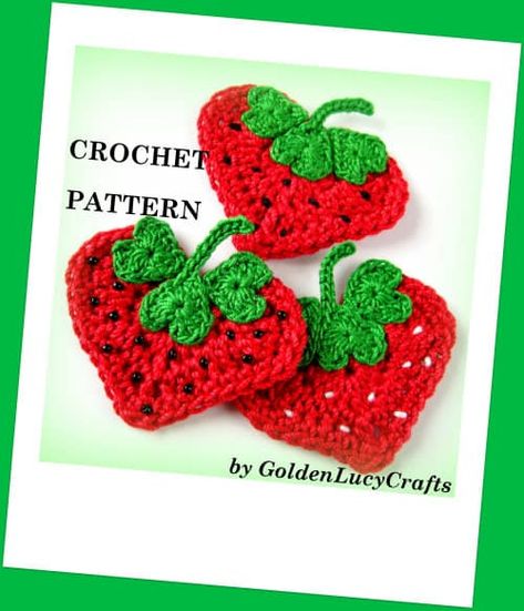 Crochet Strawberry Applique, Free Crochet Pattern - GoldenLucyCrafts Strawberry Applique, Heart Strawberry, Crochet Embellishments, Crochet Strawberry, Confection Au Crochet, Valentines Crochet, Crochet Motifs, Crochet Heart, Crochet Applique