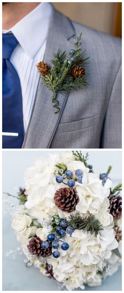 Winter wedding floral inspiration with white flowers and blue berries, plus evergreen sprigs and pinecones Frosty Wedding Theme, Light Purple Winter Wedding, Frosted Winter Wedding, Immaculate Conception Church, Evergreen Wedding, Plaid Wedding, Blue Winter Wedding, Urban Wedding Venue, Winter Wedding Bouquet