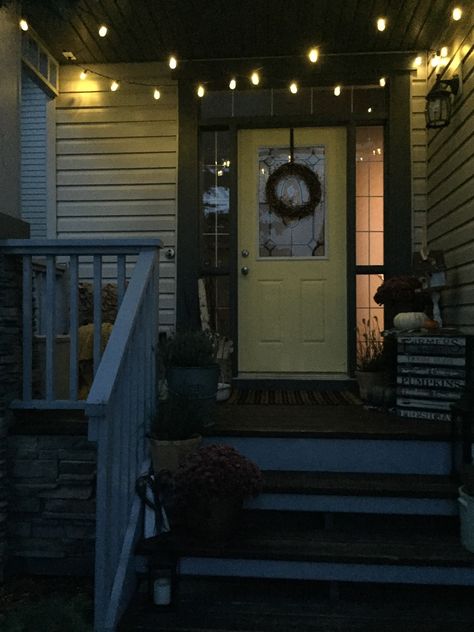 My Harvest Themed Fall Front Porch at Night Front Porch At Night Aesthetic, Front Porch Fairy Lights, Front Porch String Lights, Front Porch Aesthetic, Porch At Night, Craftsman Front Porch, Porch String Lights, Deck Inspiration, Calm Life