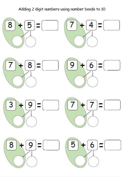 Optellen tot 20 met brug Adding 2 Digit Numbers, Adding To 10, Number Bonds To 10, Number Worksheet, Number Bonds, 1st Grade Math Worksheets, Math School, Singapore Math, Free Math Worksheets