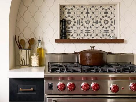 12 Ceramic Tile Backsplash Ideas You Should Seriously See | Hunker Stove Backsplash Ideas, Moroccan Tile Backsplash, Arabesque Tile Backsplash, French Country Decorating Bedroom, Chic Living Room Design, Mediterranean Kitchen Design, Stove Backsplash, Mediterranean Kitchen, Country Kitchen Designs