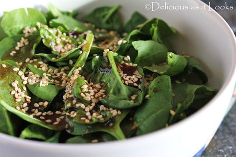 tamari Sesame Spinach, Chicken Chop Suey, Japanese Spinach, Frozen Egg Rolls, Chicken Chop, Asian Inspired Salad, Spinach Salad Recipes, Sesame Dressing, Salad Sauce