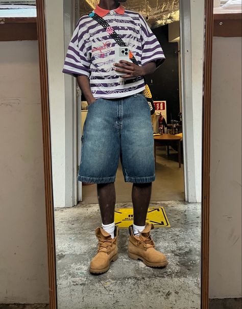 Baggy Jorts Outfit Idea Men, Jean Core, Timbs Outfit Men, Baggy Shorts Outfit, Timbs Outfit, Black Timbs, Polo Outfit Men, Hard Fits, Thrift Board