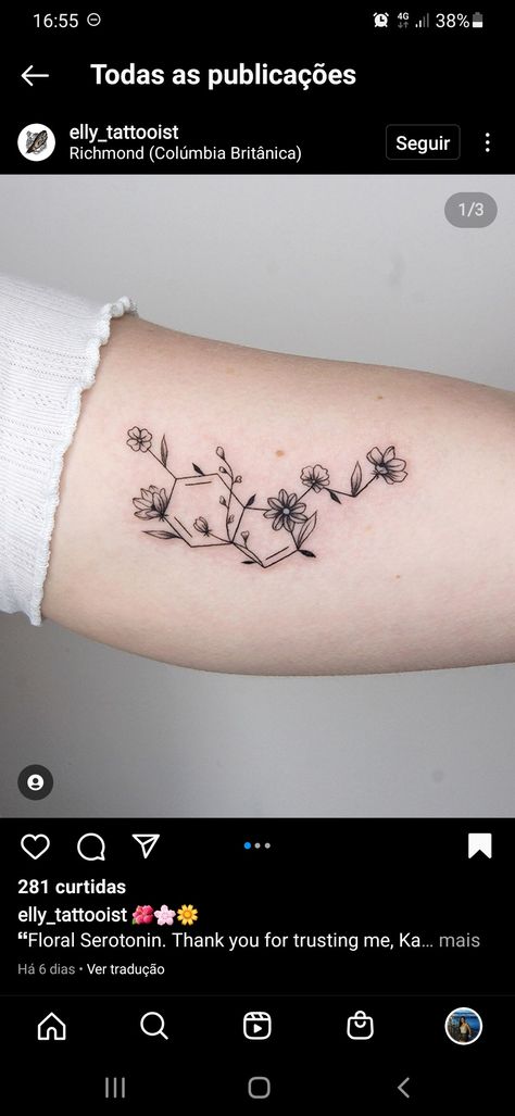 Serotonin Floral Tattoo, Flower Serotonin Tattoo, Dopamine Floral Tattoo, Cortisol Molecule Tattoo, Serotonin Flower Tattoo, Serotonin Tattoos Creative, Seratonin Small Tattoo With Flowers, Floral Serotonin Molecule Tattoo, Dopamine Serotonin Tattoo