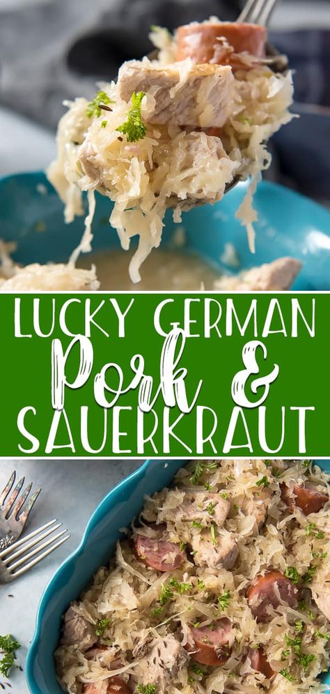 It may be a German New Years tradition, but this easy, comforting Pork and Sauerkraut recipe should be enjoyed all winter long! This hearty dish is full of savory flavors thanks to the kraut-infused pork and kielbasa, and can be made easily in the Instant Pot, oven, or slow cooker. Crockpot Pork And Sauerkraut, Pork Sauerkraut, Pork And Sauerkraut Recipe, Pork Roast And Sauerkraut, Pork Chops And Sauerkraut, Pork And Sauerkraut, Sauerkraut Casserole, Slow Cooker Kielbasa, Crockpot Pork Roast