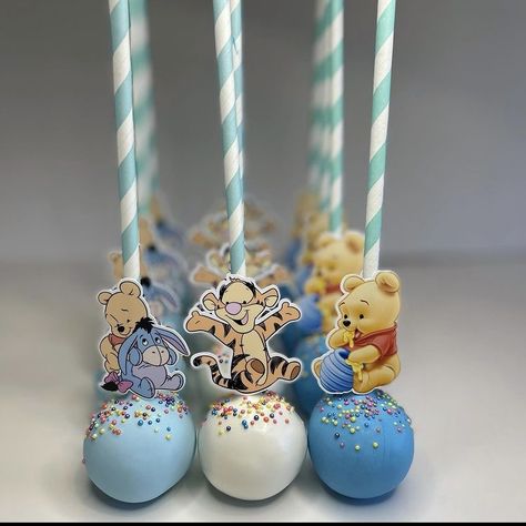 Winnie The Pooh Marshmallow Pops, Winnie The Pooh Birthday Treats, Pooh Bear Cake Pops, Pooh Bear Gender Reveal Party, Winnie The Pooh Oreos, Winnie The Pooh Rice Crispy Treats, Baby Winnie The Pooh Baby Shower Ideas, Winnie The Pooh Treat Table, Winnie The Pooh Food Ideas