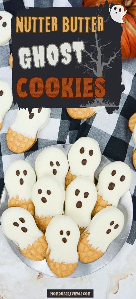 Nutter Butter Ghost Cookies Halloween Cookies Easy, Bake Halloween Treats, No Bake Halloween Treats, Bake Halloween, Easy Halloween Cookies, Dark Chocolate Candy, Classic Peanut Butter Cookies, Halloween Cookies Decorated, Ghost Cookies