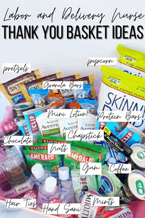 Saving this for later! A HUGE list of items you can put in labor and delivery nurse baskets or thank you bags! L&D Nurse thank you gift ideas Goodie Basket For Labor And Delivery Nurses, Thank You Basket For Hospital Staff, Gift Basket For Nicu Nurses, Thank You Gifts For Labor And Delivery Nurses, Nurse Hospital Gifts, L And D Nurse Gifts, Gifts For Ob Nurses Thank You, Ob Thank You Basket, Thank You Gift Basket For Hospital Staff