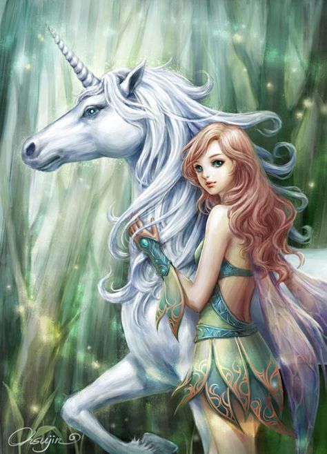 Fantasy Unicorn and Fairy By Osujin A Unicorn, The Forest, A Girl, Forest, Hair, White