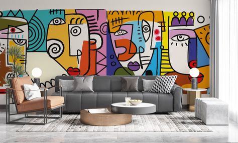 Portrait Wallpaper, Line Wall Art, Modern Mural, Canvas Drawing, Wall Murals Painted, Door Murals, Pottery Painting Designs, Face Portrait, Wall Art Colorful