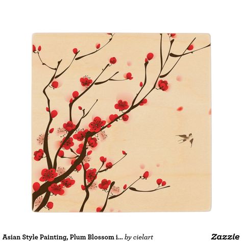 Asian Style Painting, Plum Blossom in Spring Plum Blossom Painting, Japanese Tiger, White Ceramic Tiles, Ink Wash Painting, Cherry Blossom Art, Red Plum, Asian Decor, Cherry Print, Plum Blossom