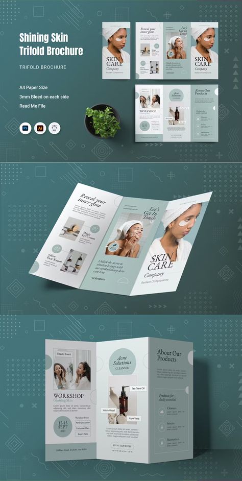 Shining Skin Trifold Brochure Template AI, EPS, PSD Skin Care Brochure Design, Keratin Logo, Product Magazine, Beauty Brochures, Unique Brochure Design, Brochure Graphic, Brochure Trifold, Hair Keratin, Joker Halloween