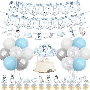 Winter Birthday Party Decorations for Boys Girls, Arctic Polar Animal Party Decorations Banner Happy Birthday Penguin Cake Cupcake Topper Blue Silver Balloon for Kids Birthday Party Polar Bear First Birthday Party, January Birthday Party Ideas, Polar Bear Birthday Party, Volpe Artica, Happy Birthday Penguin, Birthday Penguin, Winter Birthday Party, Animal Cupcake, Penguin Cake