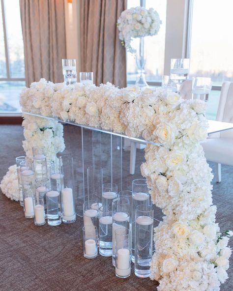 Table Floral Runner, Floor Candles, Simple Sweetheart Table, Sweetheart Table Candles, White Wedding Flowers Centerpieces, Main Table Wedding, Wedding Reception Head Table, Sweetheart Table Flowers, Head Table Wedding Decorations