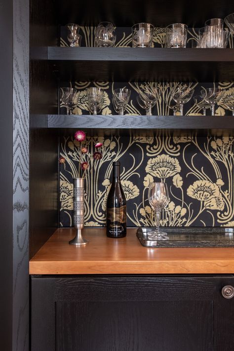 Bar Nook With Wallpaper, Bar Wallpaper Ideas Accent Wall, Bar Backsplash Wallpaper, Wallpaper Bar Backsplash, Speakeasy Coffee Bar, Dry Bar Wallpaper, Home Bar With Wallpaper, Wallpaper Behind Coffee Bar, Wallpaper With Black Cabinets