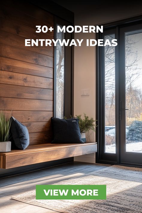 A modern entryway featuring a richly textured wooden door and floor, simple decor, minimalist lighting, and a neutral color palette, creating a warm and stylish atmosphere. Modern Entryway Ideas, Contemporary Entryway, Entryway Inspiration, Doors And Floors, Modern Entryway, Light Wood Floors, Built In Seating, Circular Mirror, Entryway Ideas