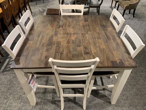 Solid wood, counter height 7-piece set for $999.95!! Counter High Dining Table Farmhouse, High Top Farmhouse Table, Lake House Dining Table, High Top Table And Chairs, Renovating Furniture, High Top Dining Table, Walnut House, High Top Table Kitchen, Square Dining Room Table