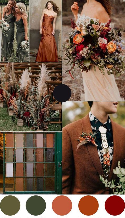 Fall Wedding Burnt Orange, Bug Wedding, Fall Wedding Color Schemes, Wedding Color Pallet, Fall Wedding Color Palette, Green Wedding Colors, Brown Copper, Wedding Palette, Wedding Theme Colors