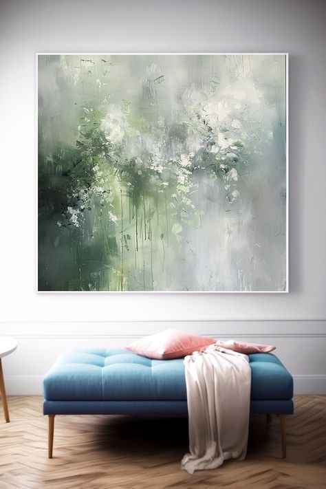 Original handmade green abstract painting with soft sage and misty gray hues, featuring textured brushstrokes and a serene, misty atmosphere Sage Green Painting, Geometric Abstract Painting, Green Abstract Painting, Green Paintings, Simple Canvas Paintings, Soyut Sanat Tabloları, Handmade Wall Art, Contemporary Abstract Art, Green Abstract