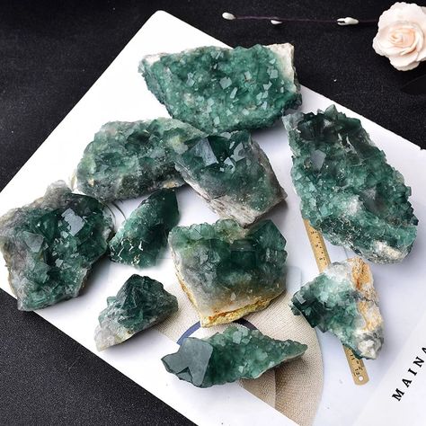 Minerals Crystals Stones, Science Decor, Chakra Healing Stones, Chakra Cleanse, Crystal Shelves, Crystal Aesthetic, Green Fluorite, Witchy Things, Crystal Healing Stones