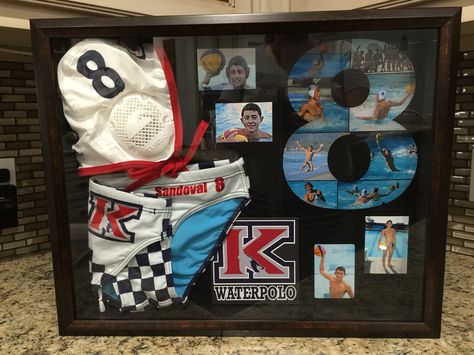 Water polo shadow box for banquet Water Polo Senior Night, Polo Ideas, Swim Banquet, Swimming Ideas, Swimming Senior Pictures, Water Polo Girls, Water Polo Gifts, Basketball Senior Night, Senior Night Posters