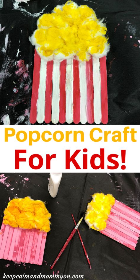 Popcorn Craft For Kids - Keep Calm And Mommy On - Crafts For Kids - Hollywood Crafts For Kids - Movie Themed Crafts - Craft Ideas - Fine Motor Skills Carnival Themed Arts And Crafts, Hollywood Arts And Crafts, Carnival Arts And Crafts For Kids, Lights Camera Action Theme Crafts, Carnival Theme Crafts Preschool, Popcorn Crafts For Toddlers, Food Crafts For Preschool, Movie Theme Preschool, Theatre Crafts For Kids