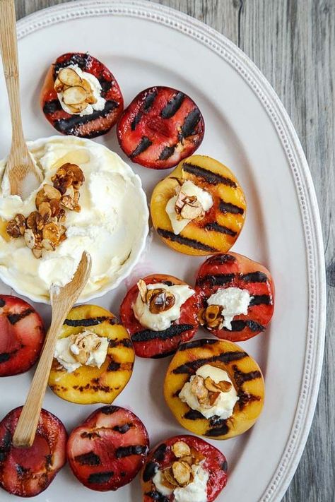 Grilled peaches and plums with almond mascarpone sauce @DessertForTwo Grilled Fruit Recipes, Peaches And Plums, Mascarpone Sauce, Grill Stone, Grilled Desserts, Candied Almonds, Grilled Fruit, Easy Grilling, Dessert For Two