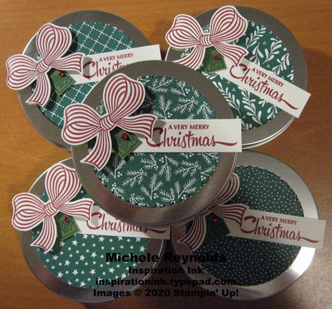 Paper Layering, Tin Packaging, Shaded Spruce, Tin Ideas, Peppermint Candies, Christmas Treat Bags, Paper Trimmer, Gift Bow, Cherry Cobbler