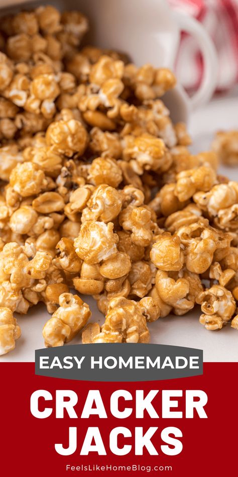 Copycat Cracker Jacks - Homemade Caramel Corn with Peanuts Caramel Corn Recipe, Homemade Caramel Corn, Caramel Corn Recipes, Night Time Snacks, Homemade Crackers, Air Popped Popcorn, Peanut Recipes, Corn Recipe, Cracker Jacks