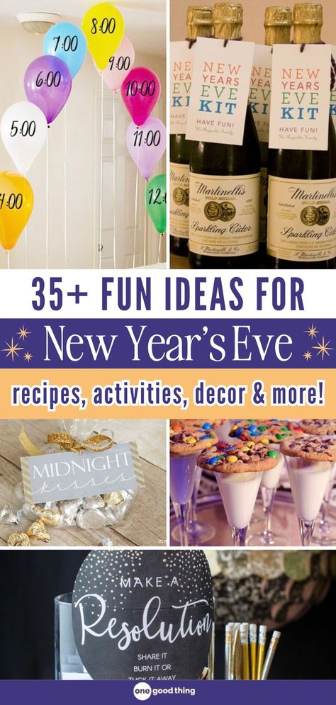 collage of new years eve decor and activities with text overlay that reads 35+ fun ideas for new year's eve recipes activities decor and more Taco New Years Eve Party, New Years Eve For Families, New Year’s Eve Older Kids, Nye Hourly Activities, At Home New Years Eve Party Families, Things To Do For New Years Eve At Home, New Year’s Eve Balloon Activities, At Home Nye Party Ideas Kids, Church New Years Eve Party Ideas