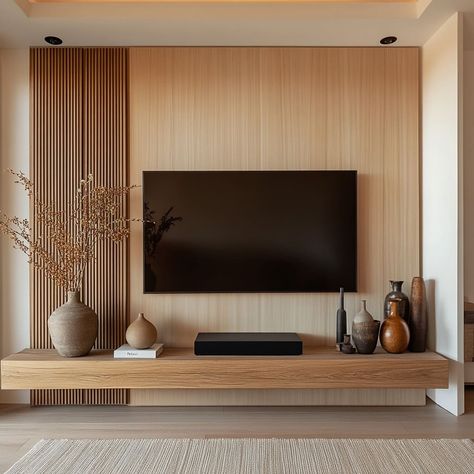 Tv Space Living Room, Living Room Tv Wall Farmhouse, Living Tv Wall Design, Living Room Tv Wall Minimalist, Japandi Style Tv Unit, Minimal Tv Unit Design Living Rooms, Tv Wall Design Japandi, Tv Wall Slats, Tv Back Wall Design