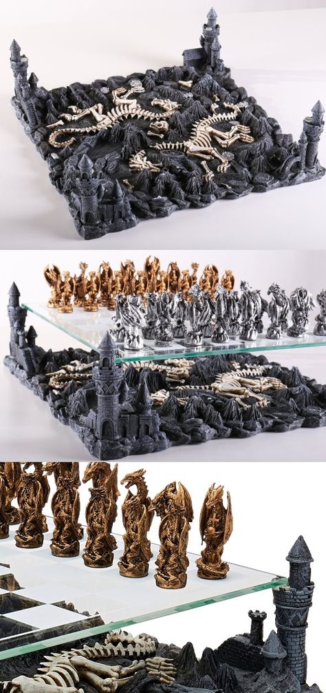 3D Dragon Chess Set Dragon Chess Set, Game Of Thrones Chess, Dragon Chess, Themed Chess Sets, Chess Set Unique, Mens Ring Designs, 3d Dragon, Chess Table, Glass Board