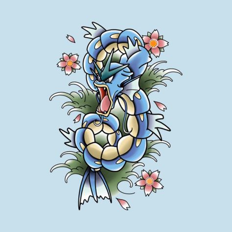 Gyarados Tattoo Design - Michael Baker Gyarados Pokemon Art, American Traditional Pokemon, Gyrados Pokemon Art, Pokemon Traditional Tattoo, Gyrados Pokemon Tattoo, Traditional Pokemon Tattoo, Pokémon Sleeve, Pokemon Flash Tattoo, Gyarados Tattoo